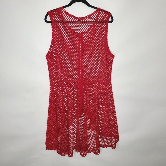 Fish Net Zip Front Peplum Top Size 3X Red Sleeveless Open Weave Tunic Stretch - Picture 5 of 12